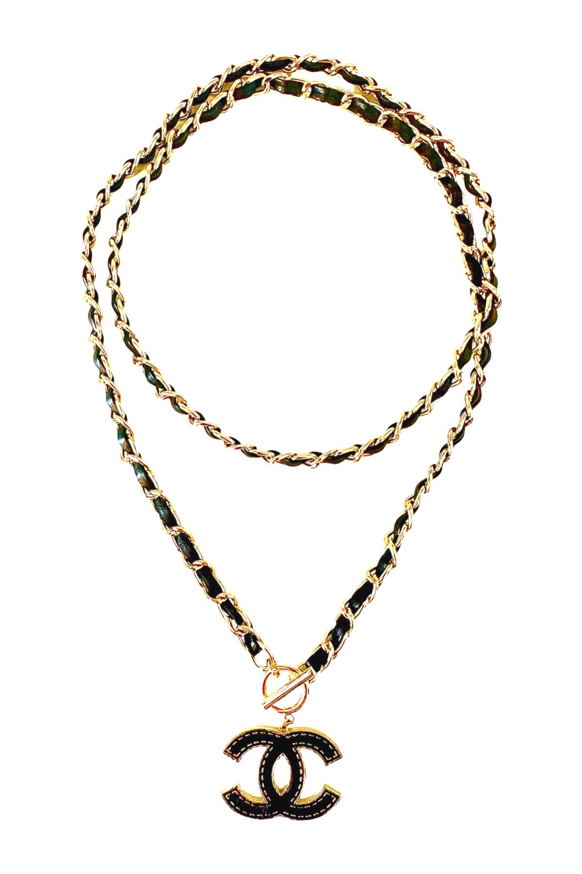CC Blk Leather Chain Necklace
