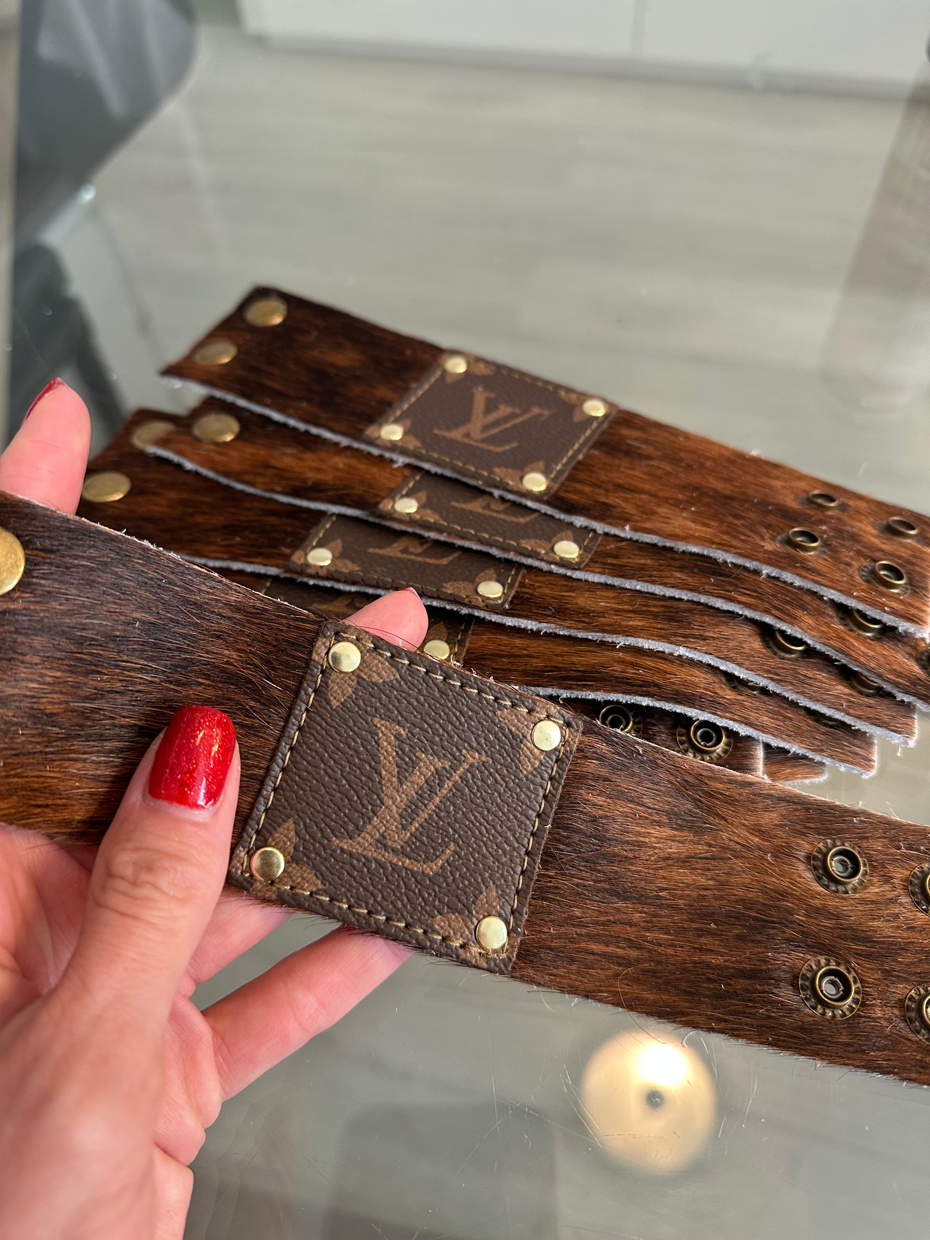 Brown Fur LV Leather Cuff bracelet