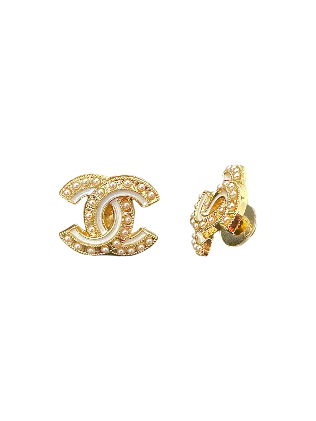 CC Cutout White Pearl Button Earrings