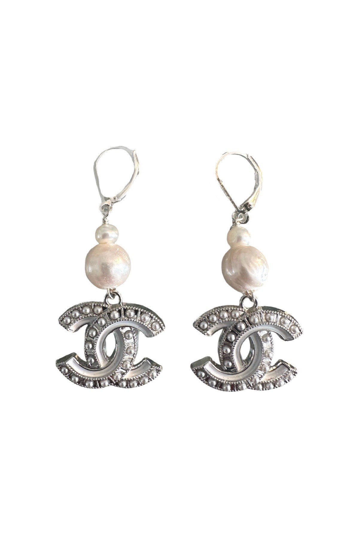 CC Cutout Silver Pearl Dangle Earrings