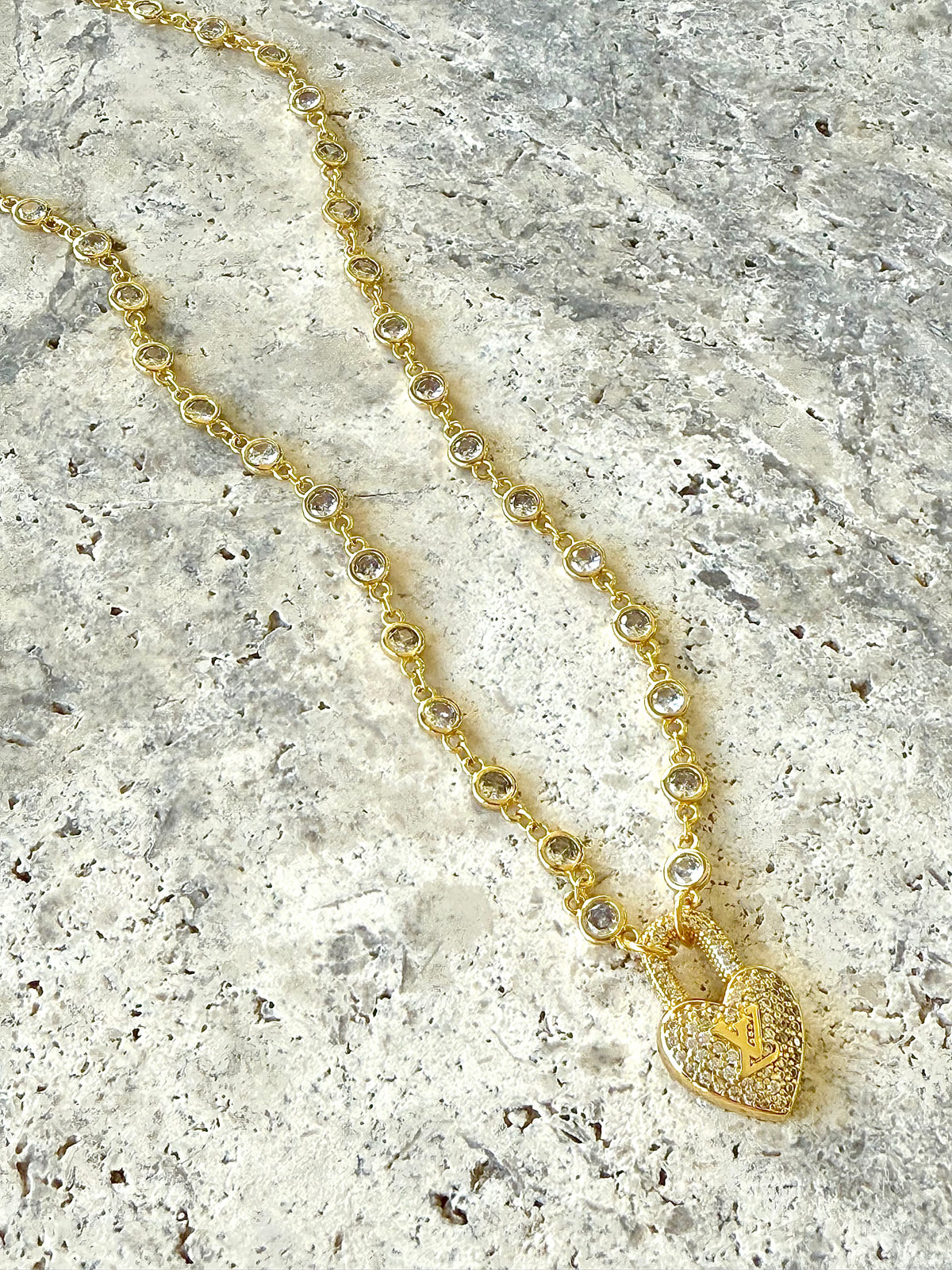 LV CZ Heart Lock Necklace