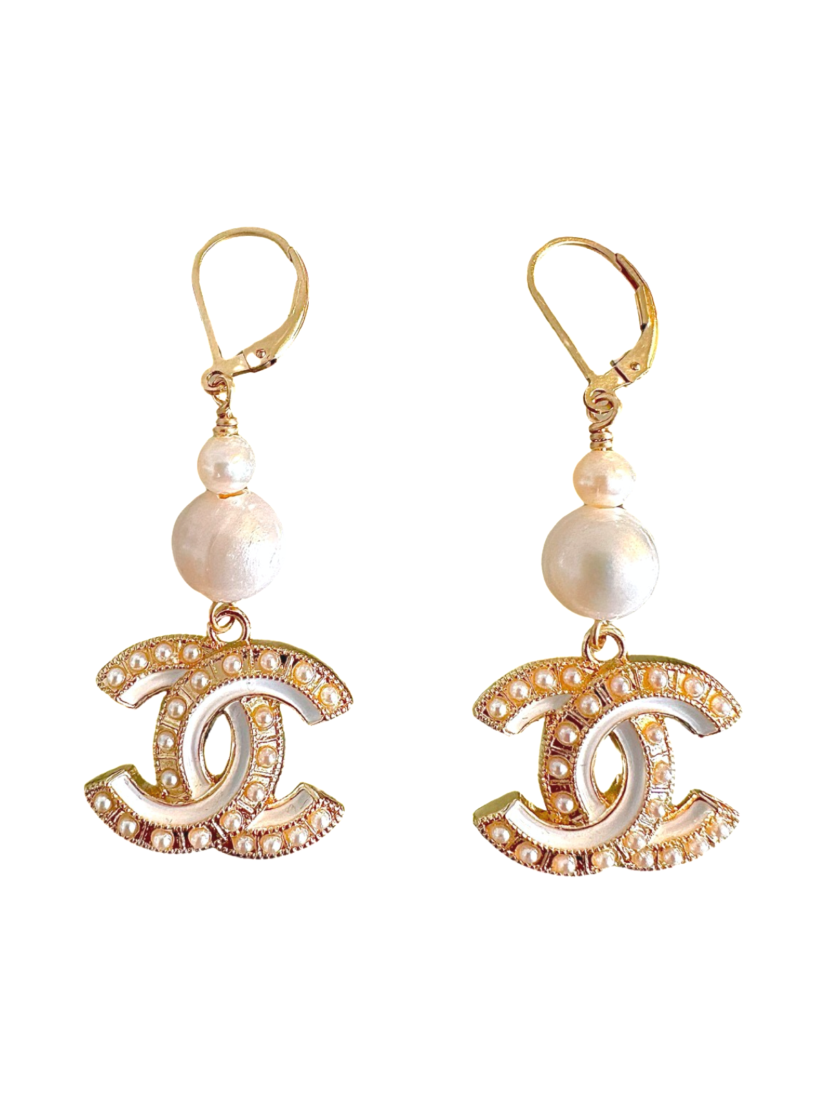 CC Cutout White Pearl Dangle Earrings