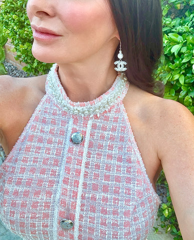 CC Cutout Silver Pearl Dangle Earrings