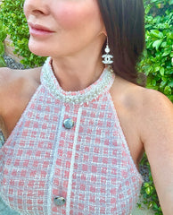 CC Cutout Silver Pearl Dangle Earrings