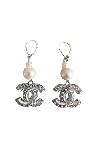 CC Cutout Silver Pearl Dangle Earrings