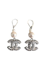 CC Cutout Silver Pearl Dangle Earrings