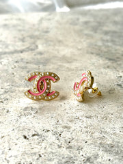 CC Cutout Pink & Pearl Button Earrings