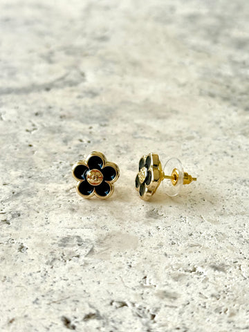 CC Black Flower Button Earrings