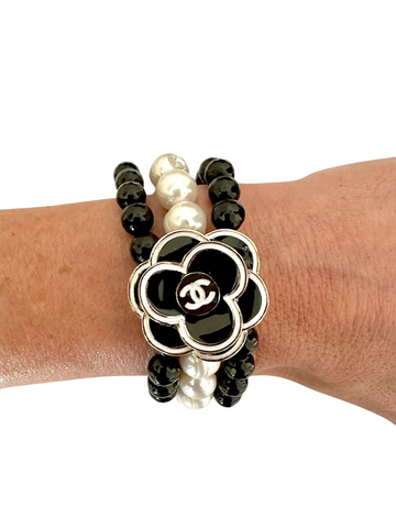 CC Black & Pearl Petal Button bracelet – Cimber Designs CC Black & Pearl Petal Button bracelet – Cimber Designs