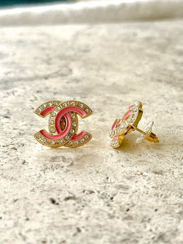CC Cutout Pink CZ Button Earrings