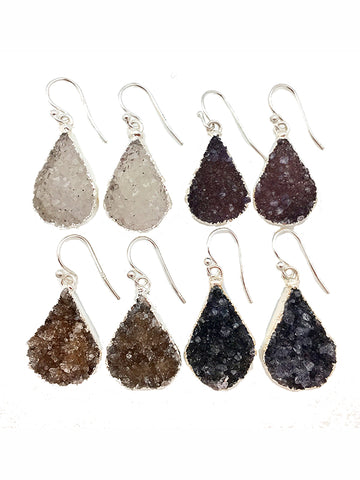 Double Druzy Silver Teardrop Earrings