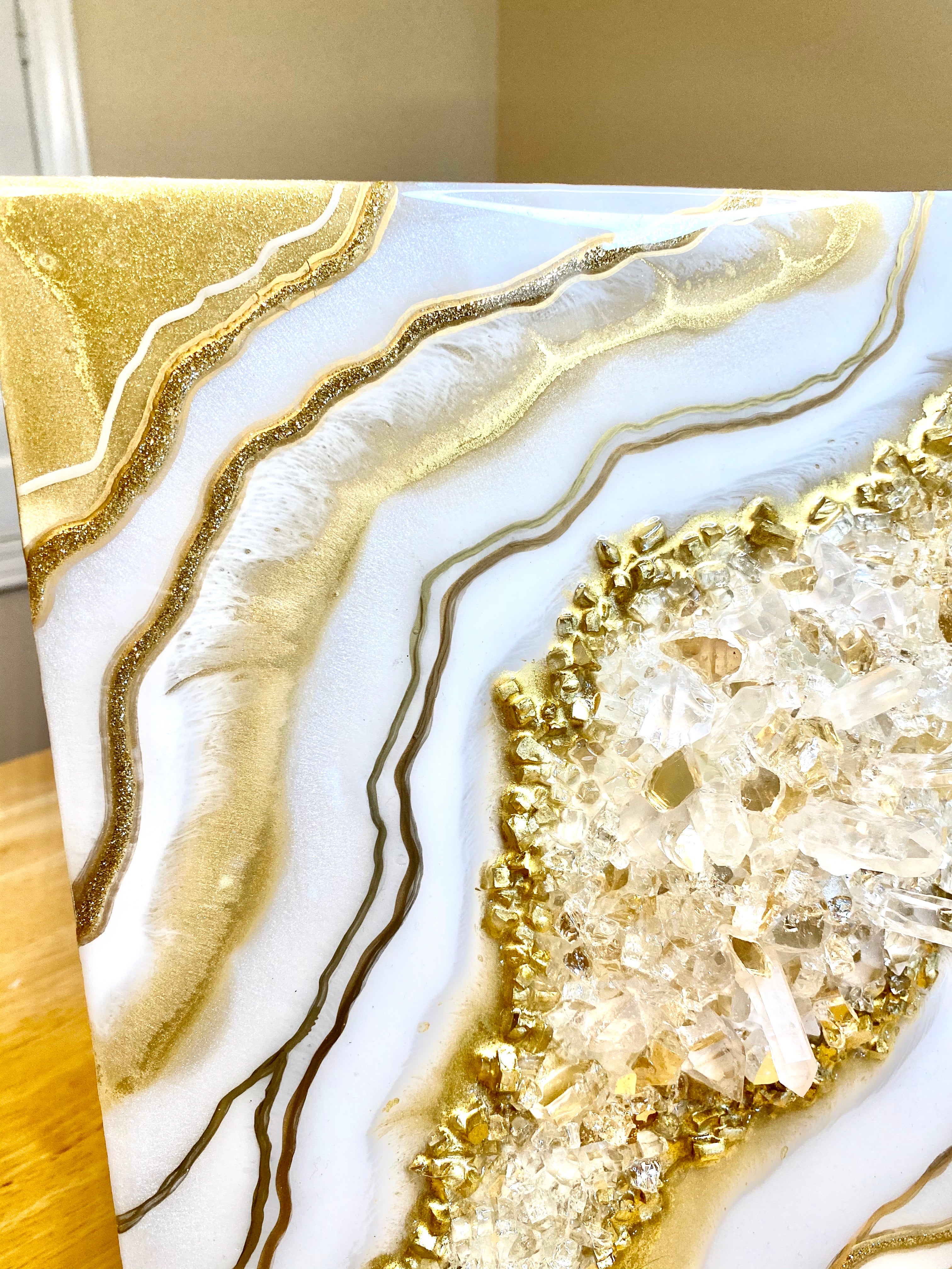 Gold & White Crystal Quartz Geode Resin Art 12x12