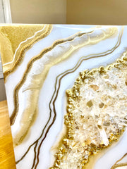 Gold & White Crystal Quartz Geode Resin Art 12x12