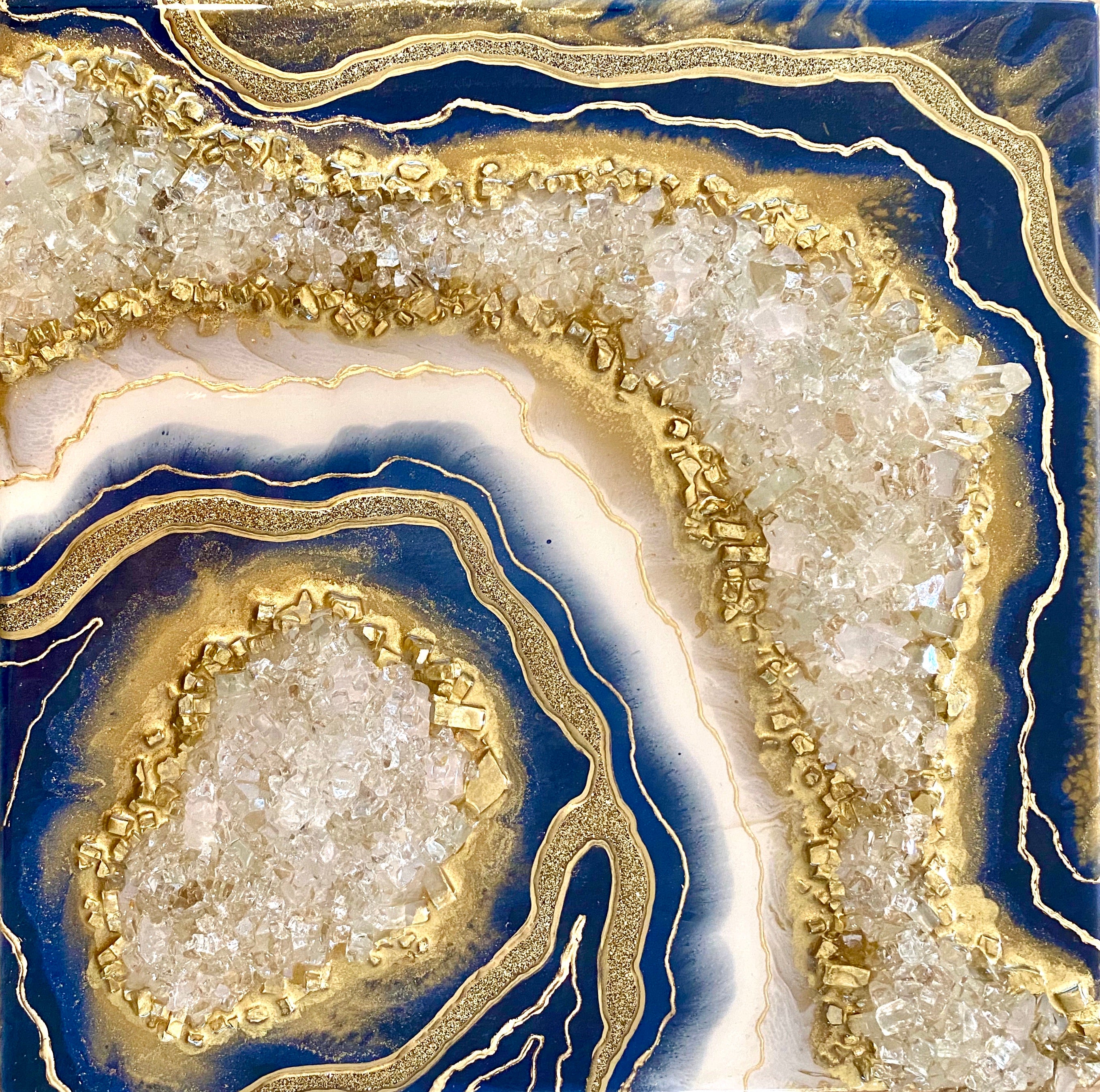 Royal Blue & White Crystal Quartz Geode Resin Art 12X12 – Cimber Designs