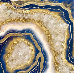 Royal Blue & White Crystal Quartz Geode Resin Art 12x12