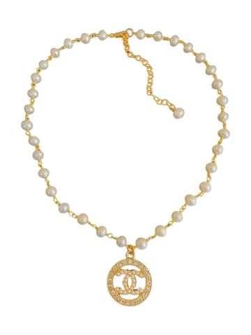 CC Pearl & CZ Button Necklace
