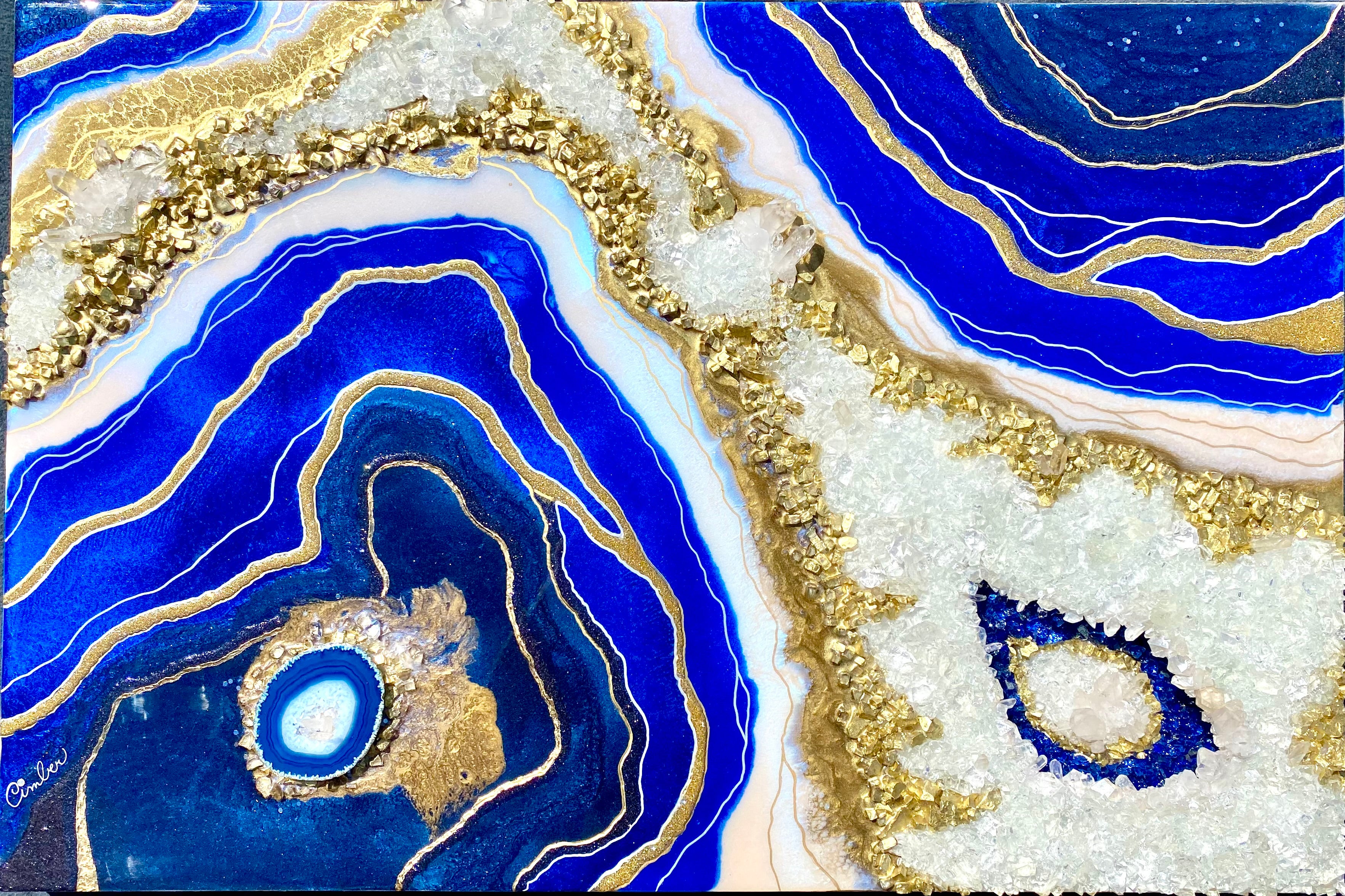 3D Blue Crest Crystal Quartz Geode Resin Art 24x36