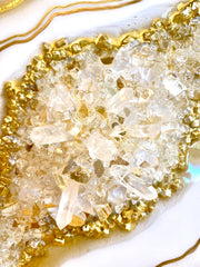 Gold & White Crystal Quartz Geode Resin Art 12x12