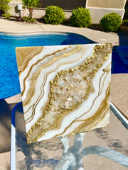 Gold & White Crystal Quartz Geode Resin Art 12x12