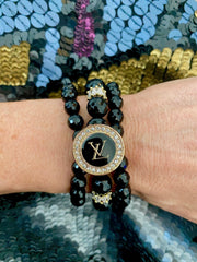 CZ LV Black and Gold Button bracelet