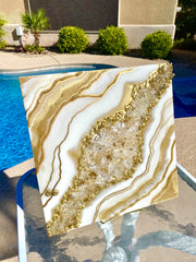 Gold & White Crystal Quartz Geode Resin Art 12x12