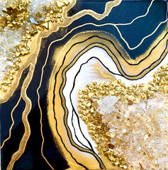 Black & Gold Crystal Quartz Geode Resin Art 12x12