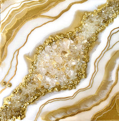 Gold & White Crystal Quartz Geode Resin Art 12x12